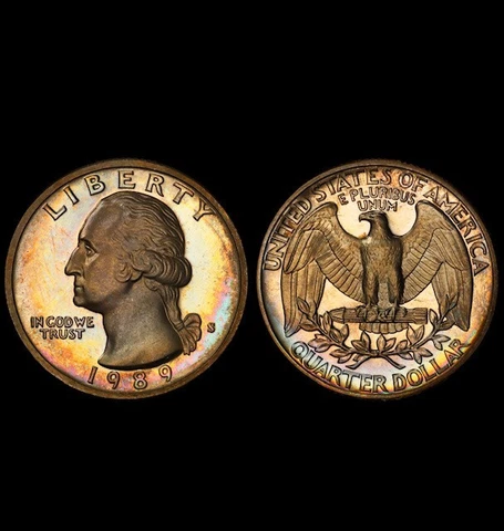 PR69DCAM 1989-S 25C Washington Proof Quarter, PCGS Secure- Vivid Rainbow Toned Cover