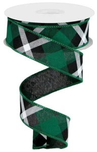 Plaid Check Wired Edge Ribbon, 10 Yards (Black, Green, White, 1.5") - RG0168209 - Picture 1 of 1