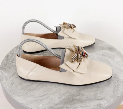 GUCCI Queen Margaret Bee Bow Cuero Beige Mocasines Planos Talla 37 Foto 1 de 4