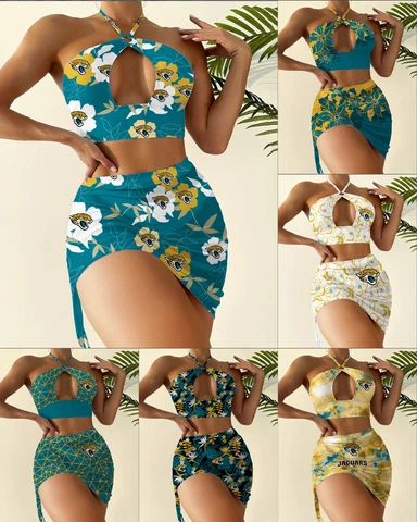 Jacksonville Jaguars Womens 2Pcs Cutout Swimsuit Halter Bikini Set W/Beach Skirt Cover