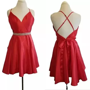 Womens Red Satin Fit N Flare Formal Dress Size 10 Jrs L Spaghetti Strap Low Cut - Picture 1 of 10