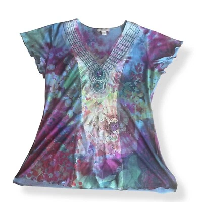 Y2K 2000s Beaded Tunic Top Womens Size Small Fairy Colorful Festival USA Made - image 1 of 4