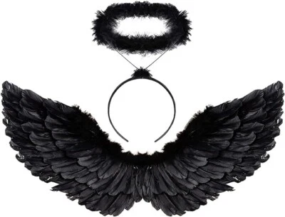 Alas de ángel negras y alas de ángel de plumas de halo para niños Foto 1 de 4