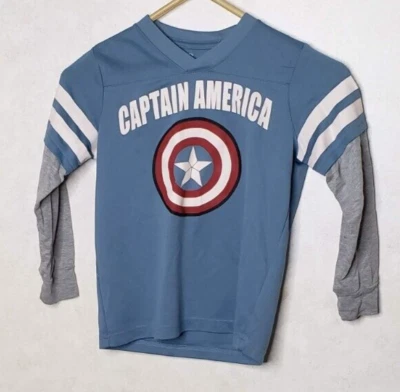 Captain America Boys Blue Long Sleeve With Shield Logo Marvel Size 7 T-Shirt - Image 1 of 4