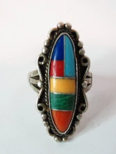 VINTAGE NATIVE AM INDIAN ZUNI VM STERLING SILVER COLORFULL STONES RING SZ 7.75. - Picture 1 of 5