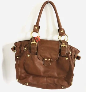 LINEA PELLE Cognac Leather Studded Tote Bag Gold hardware - Picture 1 of 12