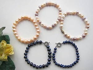 Pink \Purple \ White \ Blue\ Navy \ Black Freshwater Cultured Pearl Bracelets. - Picture 1 of 47