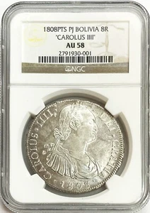 1808 PTS PJ SILVER BOLIVIA 8 REALES CHARLES IV COIN NGC ABOUT UNC 58 PQ - Picture 1 of 2