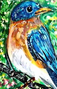 ORIGINAL ACEO Pájaro PINTURA AZUL ORIENTAL PRIMAVERA VERANO FLOR NATURALEZA ARTE ATC - Imagen 1 de 1