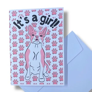 Boston Terrier Dog Its a Girl Announcement Card Handmade Baby Shower Gift 5x7" - Picture 1 of 5