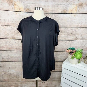 Joie Button Down Top Ruffle Collar Short Sleeve Blouse Black XL - Picture 1 of 7