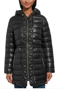 Kenneth Cole Women's BLACK Quilted Anorak Hooded Parka Puffer Coat Jacket L XL - Picture 1 of 3