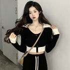 Fashion Contrast Color Lapel Long Sleeve Slim Short Knitted Sweater For Women