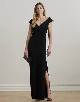 Vestido Ralph Lauren Jersey Fuera del Hombro en Negro - Talla 8 - Corbata Negra Foto 1 de 4