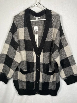 Vigoss Plaid Cardigan Sweater Plus Size 3X Black Button Front Pockets Preppy NEW - Image 1 of 4