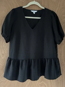Nine West Womens V-Neck Peplum Black Short Sleeve Blouse Size M Medium - Picture 1 of 4