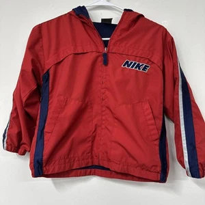 Vtg Nike Kids Jacket Size 7 Red Blue Stripes Full Zip Hooded Windbreaker - Picture 1 of 6