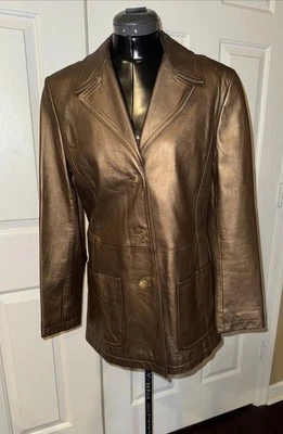 Blazer Abrigo Chaqueta CERRUTI 1881 Mujer Cuero Talla US10 Dorado Bronce Metálico Foto 1 de 4
