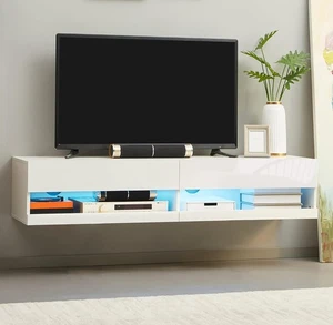 Floating TV Unit Stand LED Light High Gloss White Wall Mounted 45 55 65 inch - Picture 1 of 9