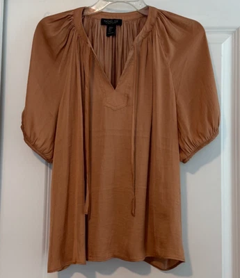 Camisa de vestir Rachel Zoe para mujer mediana tostada/marrón blusa con lazo frontal buena Foto 1 de 4