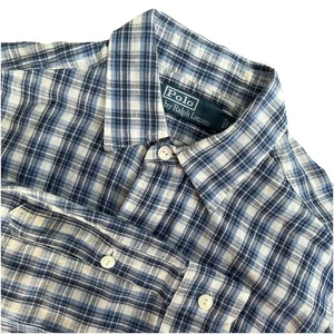 Polo Ralph Lauren Langarmhemd mit Knopfleiste Herren klein blau kariert Leinenmischung - Bild 1 von 12