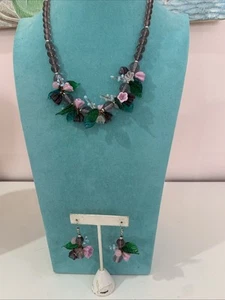VINTAGE STUNNING VENETIAN MURANO HAND BLOWN GLASS FLORAL NECKLACE & EARRINGS SET - Picture 1 of 22