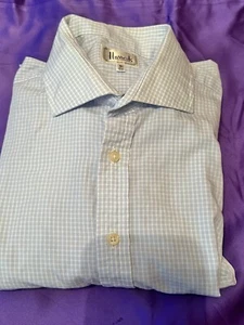 Light Blue Plaid Long Sleeve Shirt With French Cuffs By Harrods Of London Sz16.5 - Picture 1 of 9