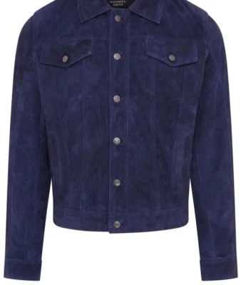 Mens Navy Blue pure suede leather Trucker jacket shirt Custom size S M L XL 2XL - Image 1 of 4