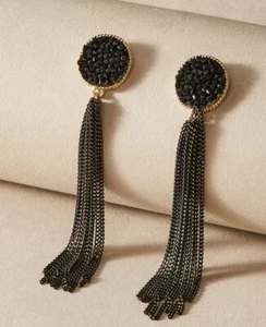 Womens Black Rhinestone Decor Drop Tassel Gold Metal Earrings Wedding Party Gift - Picture 1 of 4