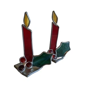Buntglas Weihnachtskerze Stechpalme 2er Set freistehende Tischplatte - Bild 1 von 6