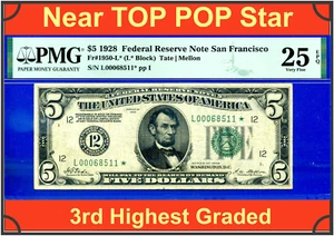 1928 $5 Federal Reserve Note PMG 25EPQ - San Francisco Star - Fr 1950-L* - Picture 1 of 4