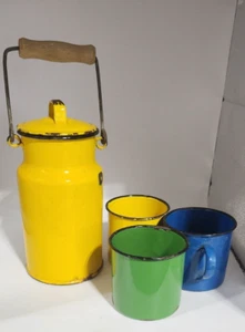 Rare antique YELLOW enamelware milk jug w/ cups, Poland, wooden handle - Picture 1 of 6