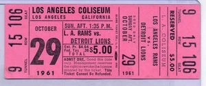 Los Angeles Rams Detroit Lions 10/29/61 Vintage Full Unused Football Ticket - Picture 1 of 1