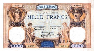 France 1000 Francs 1938 Pick # 90c - Picture 1 of 3