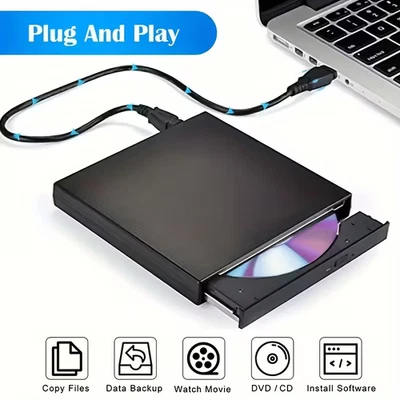 超薄外置CD DVD RW驱动器USB 2.0刻录机播放器黑色适用于笔记本电脑PC — 第 1/4 张图片
