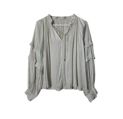 Ulla Johnson carolina pleated ruffle blouse blanc ivory 6 long sleeve v-neck - Image 1 of 4