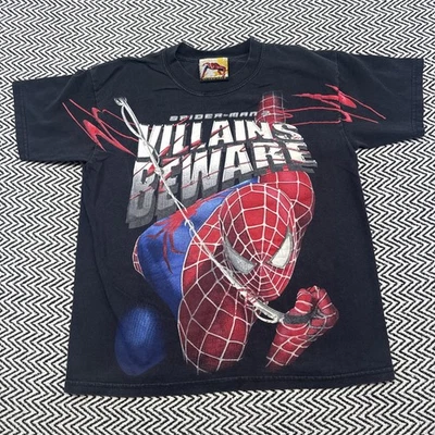 Vintage 2004 Marvel Spiderman 2 YOUTH MEDIUM ‘Villains Beware’ T Shirt Black - Image 1 of 4