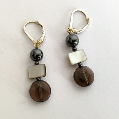 Mother of Pearl Smoky Quartz Drop Earrings 925 Sterling Silver Lever back Multi - Image 1 of 4