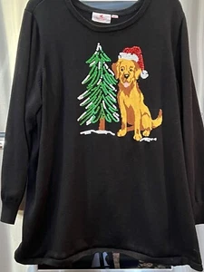 Quaker Factory sz 1X bust 52" w/sequins Xmas tree & sitting dog black sweater - Picture 1 of 11