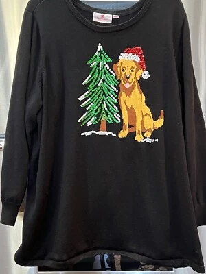 Quaker Factory sz 1X bust 52" w/sequins Xmas tree & sitting dog black sweater - Image 1 of 4
