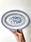 Vintage RICE EYES Blue White Porcelain 10”Platter Dragon Waves Tienshan Nice