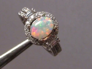 Opal & Diamond Ring , solid 14k White Gold , Bright Red and Blue opal - Picture 1 of 11