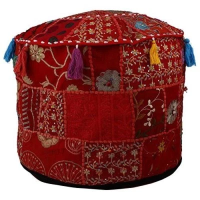 Indian Vintage Ottoman Pouf Cover Patchwork Ottoman, Living Room Patchwork Pouf - Image 1 of 3