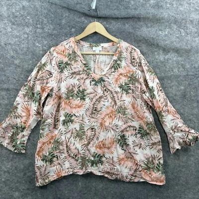 J Jill Love Linen Top Womens M Pink Green Floral Tunic Beachy Bell Sleeve Boho - Image 1 of 4