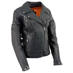 Chaqueta de motociclista de cuero premium para mujer Milwaukee 2585 con remaches - Imagen 1 de 8