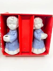 VTG Berman & Anderson Porcelain Blue & White Angel Candle Holder Set In Orig Box - Picture 1 of 12