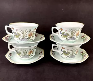 Vintage Adams Calyx Ware Ming Jade Green Floral 4 Teacup Saucer Set England - Picture 1 of 24