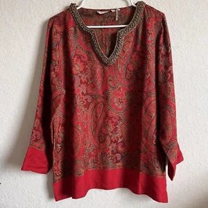 Soft Surroundings Pasha Pullover Tunic PL Paisley Red Gold Trim Metal Wool Blend - Picture 1 of 11