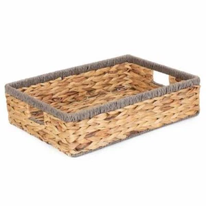 Woven Storage Basket Water Hyacinth Shallow Grey Rope Rectangular Home Hamper - Picture 1 of 6