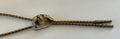 ВИНТАЖНЫЙ MOSS AGATE СЛАЙД НА КОРИЧНЕВЫЙ ПЛЕТЕНЫЙ КОЖАНЫЙ ГАЛСТУК-БОЛО - Изображение 1 из 4